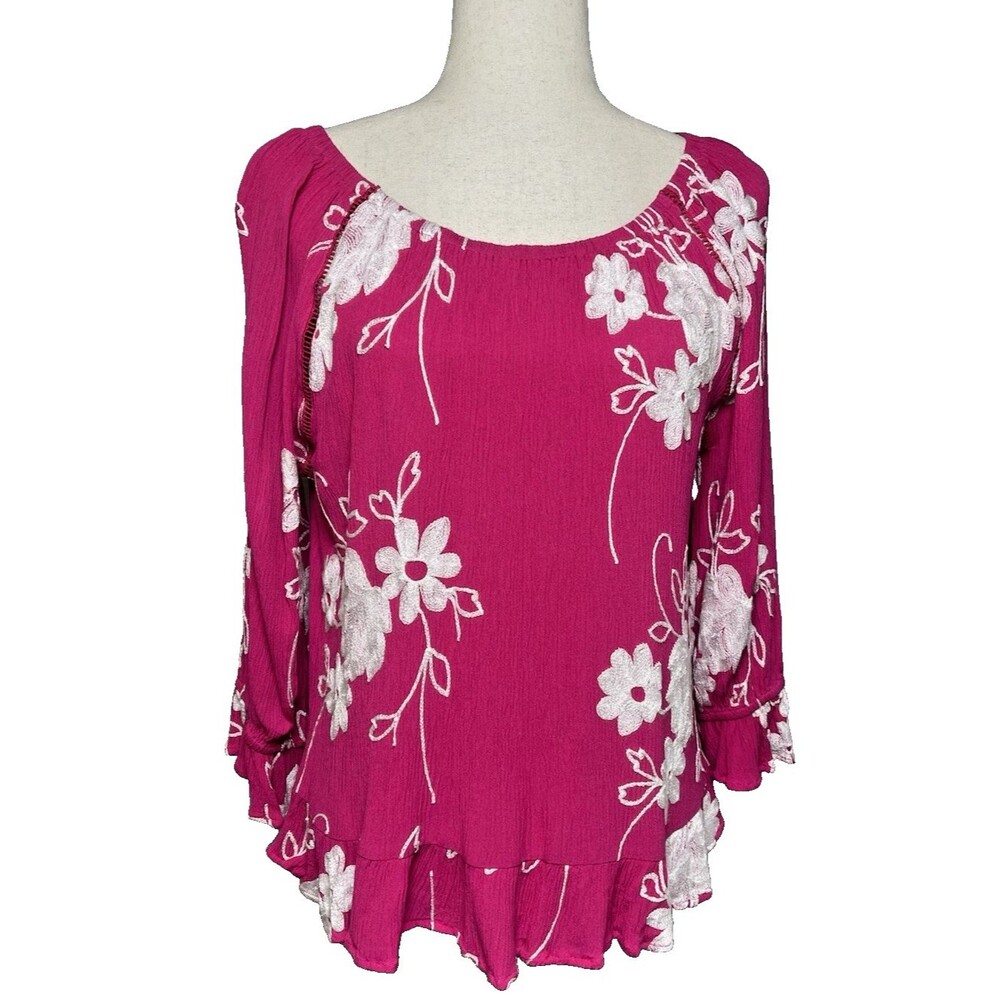 LIV Los Angeles womens blouse hot pink stretchy floral embroidered summer sz L